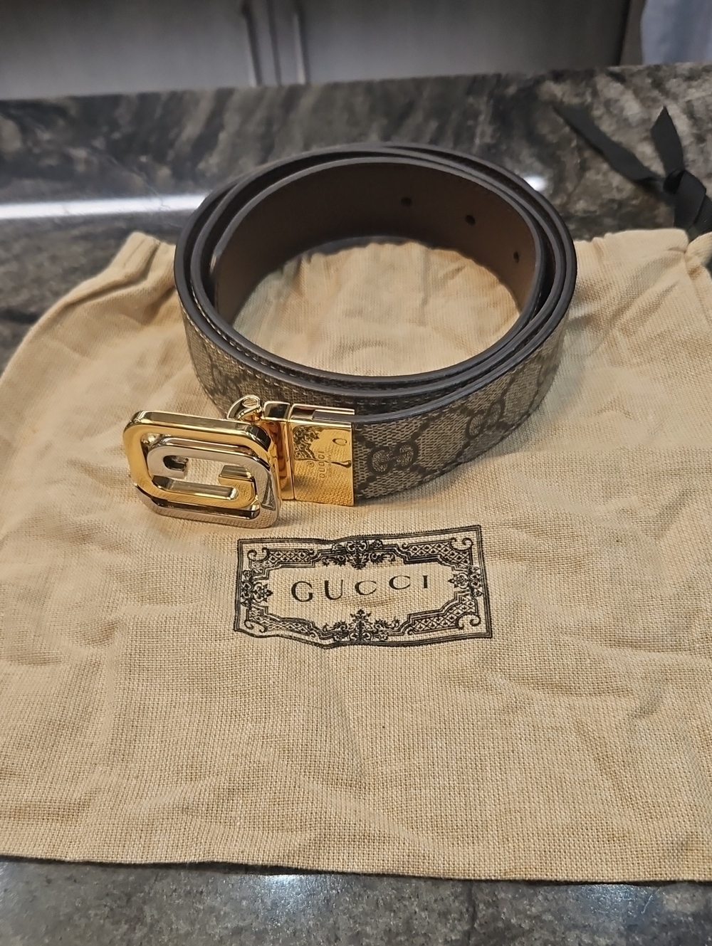 Gucci Brown GG Monogram Canvas Reversable Belt with Gold Buckle